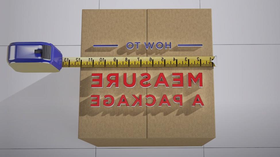 How to Measure a Package video image with measuring tape measuring brown box.